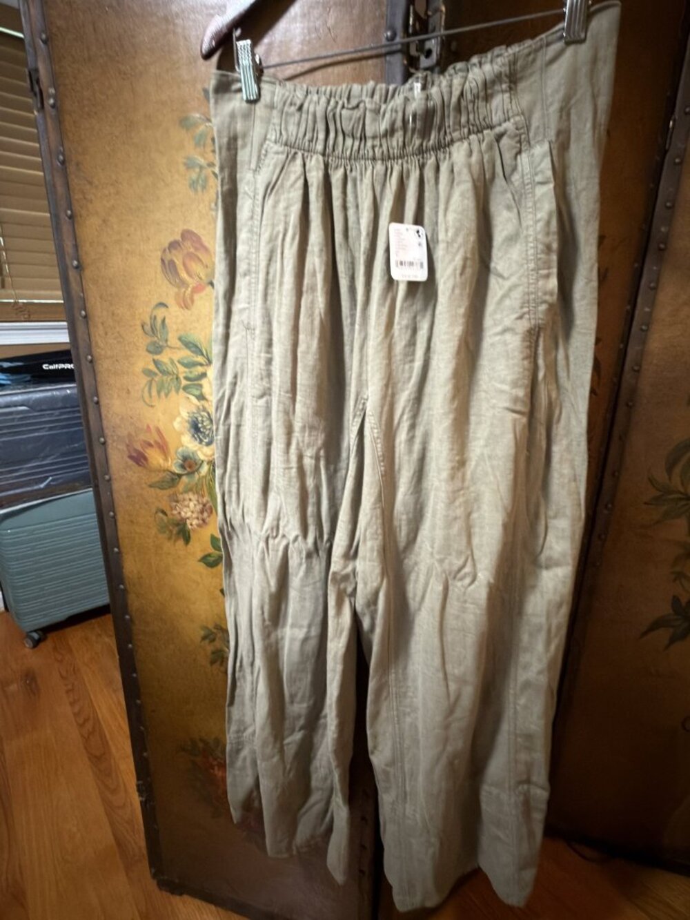 Free People Linen Blend Wide Leg Pull On Pants Olive Taupe Size L NWT
